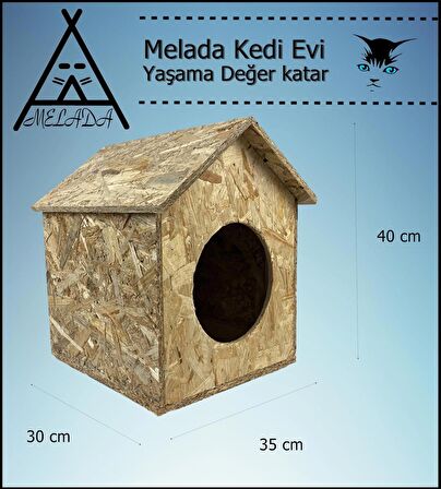 Melada Kedi Evi Dış Ortam Uygun Ahşap Kedi Evi OSB 40x35x30 cm