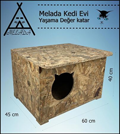 Melada Kedi Evi Dış Ortam Uygun Ahşap Kedi Evi OSB 60x45x40 cm