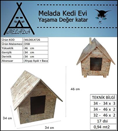 Melada Kedi Evi Dış Ortam Uygun Ahşap Kedi Evi OSB 46x34x34 cm