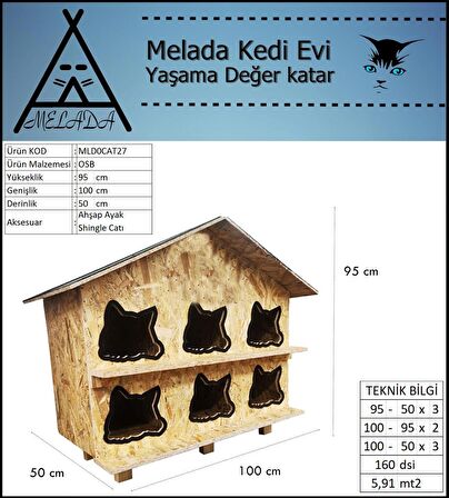 Melada Kedi Evi Dış Ortam Uygun Ahşap Kedi Evi OSB 100X95X50 cm