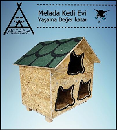 Melada Kedi Evi Dış Ortam Uygun Ahşap Kedi Evi OSB 58x58x40 cm