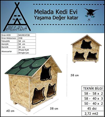 Melada Kedi Evi Dış Ortam Uygun Ahşap Kedi Evi OSB 58x58x40 cm