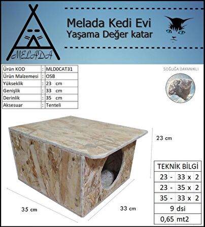 Melada Kedi Evi Dış Ortam Uygun Ahşap Kedi Evi OSB 35x33x23 cm