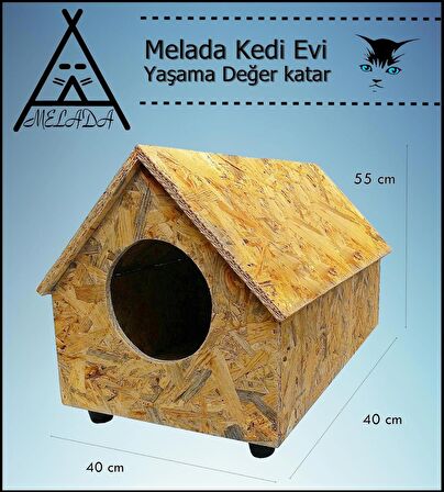 Melada Kedi Evi Dış Ortam Uygun Ahşap Kedi Evi OSB 55x40x40 cm