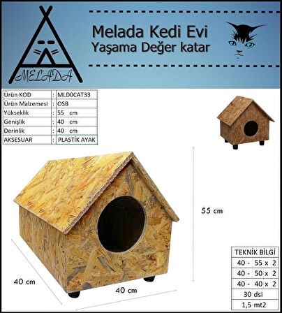 Melada Kedi Evi Dış Ortam Uygun Ahşap Kedi Evi OSB 55x40x40 cm