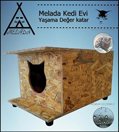 Melada Kedi Evi Dış Ortam Uygun Ahşap Kedi Evi OSB 47x36x25 cm