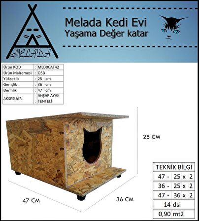 Melada Kedi Evi Dış Ortam Uygun Ahşap Kedi Evi OSB 47x36x25 cm