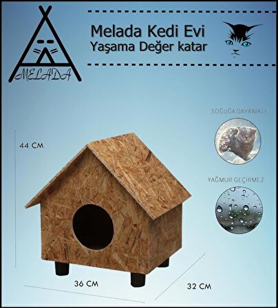 Melada Kedi Evi Dış Ortam Uygun Ahşap Kedi Evi OSB 44x36x32 cm