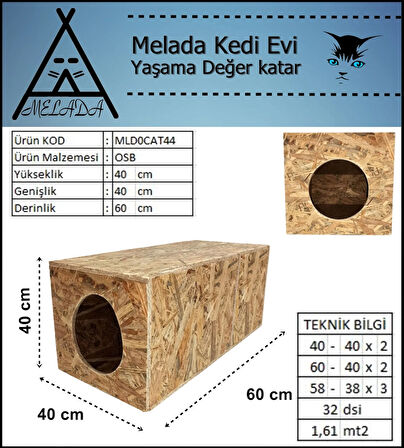 Melada Kedi Evi Dış Ortam Uygun Ahşap Kedi Evi OSB 60x40x40 cm