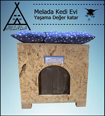 Melada Kedi Evi Dış Ortam Uygun Ahşap Kedi Evi OSB Minderli 40x37x34 cm