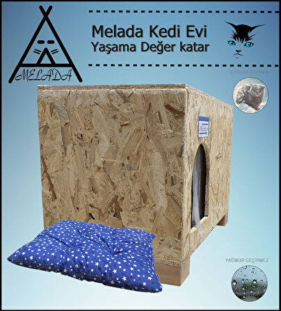 Melada Kedi Evi Dış Ortam Uygun Ahşap Kedi Evi OSB Minderli 61x41x36 cm