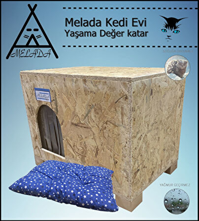 Melada Kedi Evi Dış Ortam Uygun Ahşap Kedi Evi OSB Minderli 61x41x36 cm