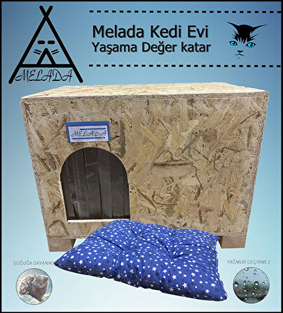 Melada Kedi Evi Dış Ortam Uygun Ahşap Kedi Evi OSB Minderli 61x41x36 cm