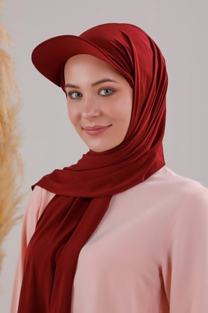Kadın Tesettür Şapkalı Boneli Hazır Şal Bordo