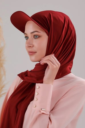 Kadın Tesettür Şapkalı Boneli Hazır Şal Bordo