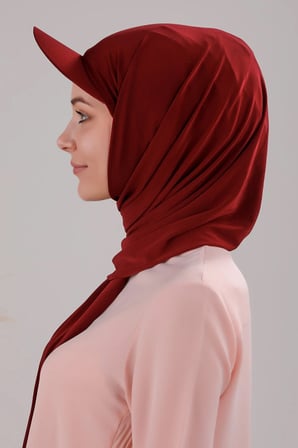 Kadın Tesettür Şapkalı Boneli Hazır Şal Bordo