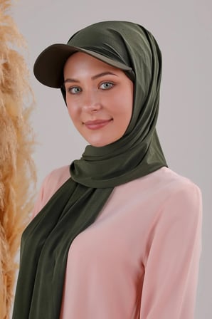 Kadın Tesettür Şapkalı Boneli Hazır Şal Haki