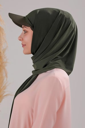Kadın Tesettür Şapkalı Boneli Hazır Şal Haki