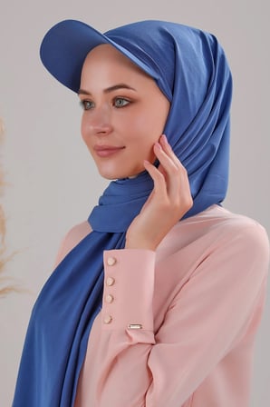 Kadın Tesettür Şapkalı Boneli Hazır Şal İndigo