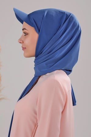Kadın Tesettür Şapkalı Boneli Hazır Şal İndigo