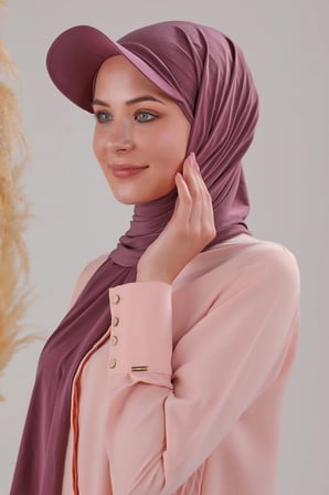 Kadın Tesettür Şapkalı Boneli Hazır Şal Mor
