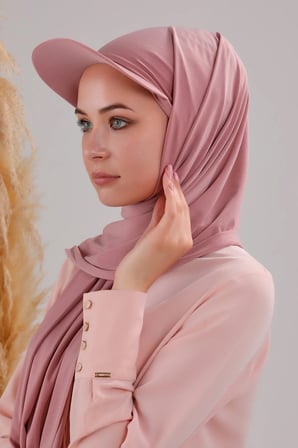 Kadın Tesettür Şapkalı Boneli Hazır Şal Pudra