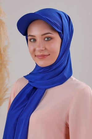 Kadın Tesettür Şapkalı Boneli Hazır Şal Saks Mavisi