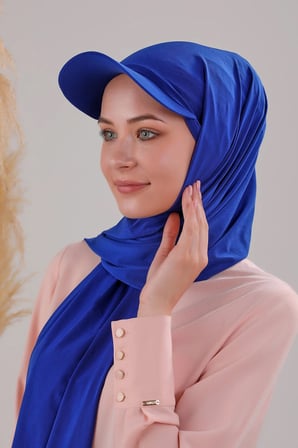 Kadın Tesettür Şapkalı Boneli Hazır Şal Saks Mavisi