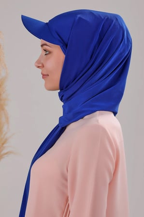 Kadın Tesettür Şapkalı Boneli Hazır Şal Saks Mavisi