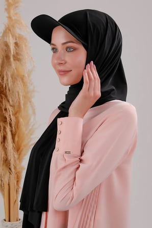 Kadın Tesettür Şapkalı Boneli Hazır Şal Siyah