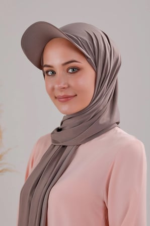 Kadın Tesettür Şapkalı Boneli Hazır Şal Vizon