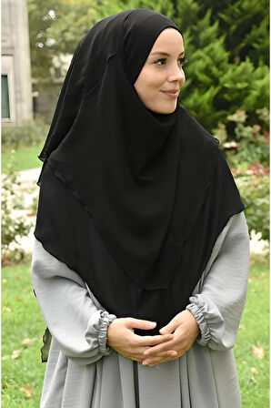 Kadın Tesettür Sufle Khimar Peçeli Üç Katlı Şifon Şal Siyah