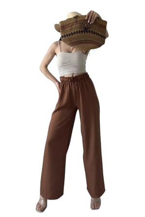 Yüksek Bel Beli Büzgülü Pantolon -KAHVERENGİ