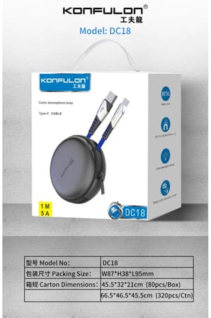 Konfulon DC18 Type-C Kablo 1M 5A - Kırmızı