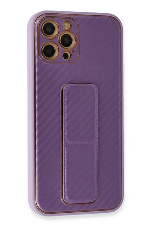 Newface Apple iPhone 12 Pro Kılıf Coco Karbon Standlı Kapak - Mor