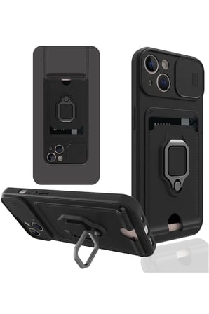 Newface Apple iPhone 14 Plus Kılıf Zuma Kartvizitli Yüzüklü Silikon - Siyah
