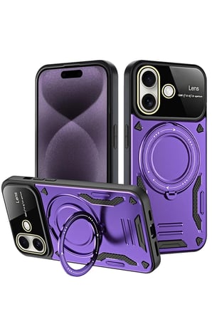 Newface Apple iPhone 16 Kılıf Joy Lens Standlı Kapak - Mor