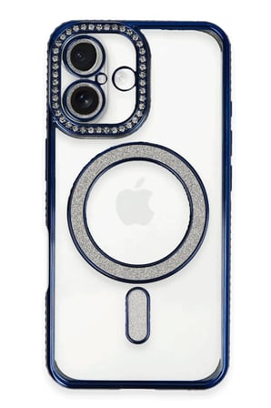 Newface Apple iPhone 16 Kılıf Joke Simli Magneticsafe Kılıf - Lacivert