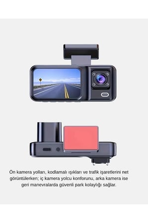 Sayarmarkt Üç Kameralı Dash Cam Araç Kamerası 170 Derece Full HD Gece Görüşlü