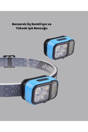 3 Renkli LED Kafa Lambası 53 Modlu Güç Göstergeli Type C Şarjlı