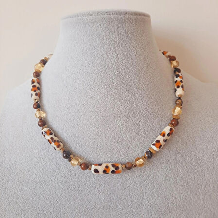 Murano Leopar Kaplan Gözü Doğal Taş Kolye Bileklik Seti