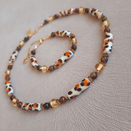 Murano Leopar Kaplan Gözü Doğal Taş Kolye Bileklik Seti