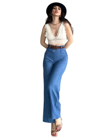 Kemerli Keten Pantolon -MAVİ