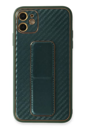 Newface Apple iPhone 12 Kılıf Coco Karbon Standlı Kapak - Yeşil