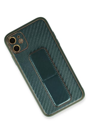 Newface Apple iPhone 12 Kılıf Coco Karbon Standlı Kapak - Yeşil