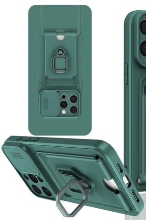 Newface Apple iPhone 15 Pro Kılıf Zuma Kartvizitli Yüzüklü Silikon - Yeşil