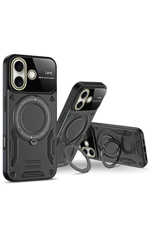 Newface Apple iPhone 16 Kılıf Joy Lens Standlı Kapak - Siyah