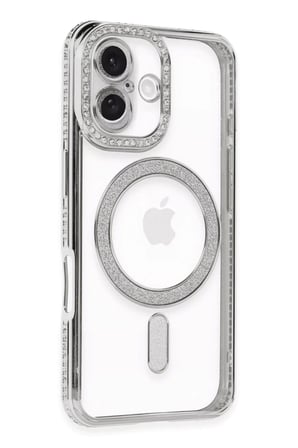 Newface Apple iPhone 16 Kılıf Joke Simli Magneticsafe Kılıf - Gümüş