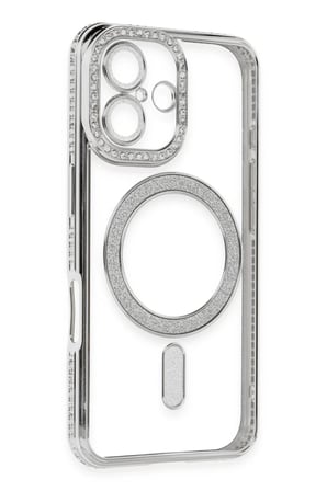 Newface Apple iPhone 16 Kılıf Joke Simli Magneticsafe Kılıf - Gümüş