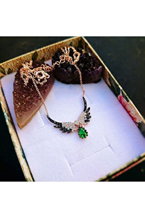 Modahilye 925 Ayar Gümüş Melek Kanadı Zümrüt taşlı Damla tasarım Rose Gold Kolye